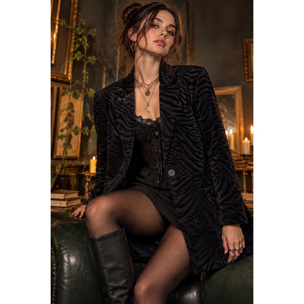 Chico's Black Velvet Zebra Blazer Size 1 Romantic Goth Statement Jacket